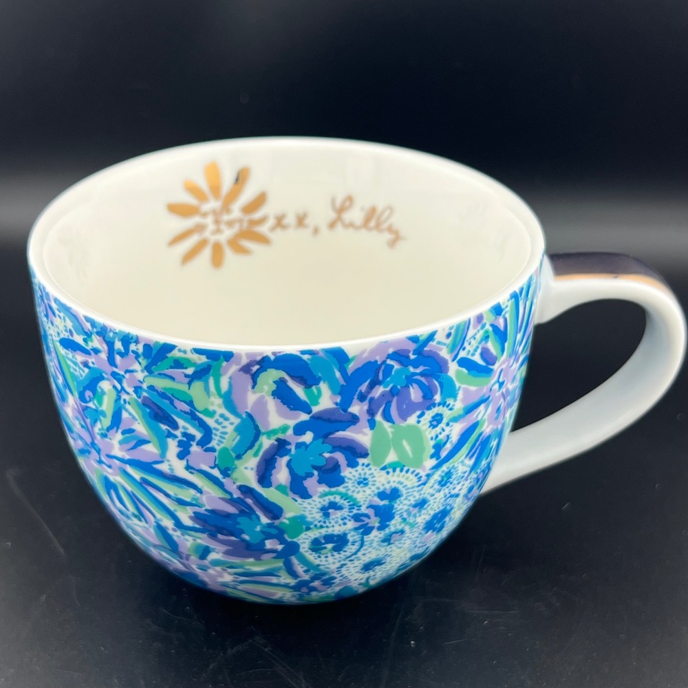 Lilly Pulitzer Coffee Mugs Set of 2 Blue Floral Gold Accent Ceramic Cups